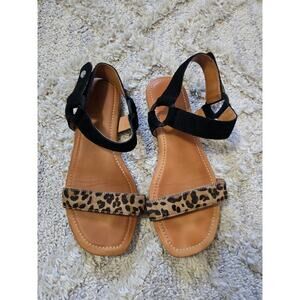 UGG Rynell Black‎ Suede & Leopard Print Calf Hair Strap Leather Sandals 9.5